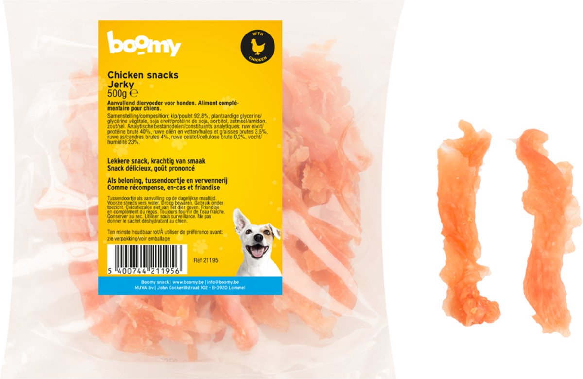 Boomy - Chicken Jerky - Natuurlijke hondensnack - Gezonde hondensnoepjes - Gedroogde kipfilet - 500g