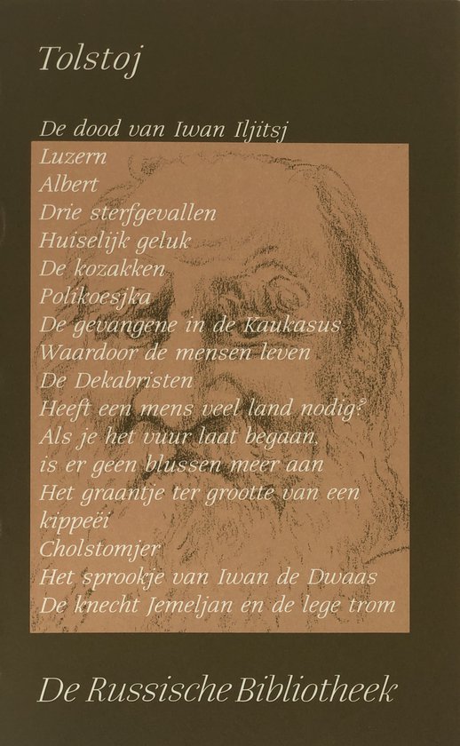 Boekomslag met tekst 'Tolstoj' en 'De dood van Iwan Iljitsj' op een tekening van een gezicht.