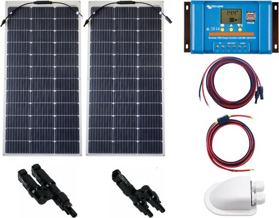 Set Flexibel Zonnepaneel 200Wp 12V Caravan, Camper, Boot, Tent of Tuinhuisje - Victron Energy BlueSolar PWM 20A LCD&USB laadregelaar - Zonnepaneel Compleet Pakket - Plug-Play set s