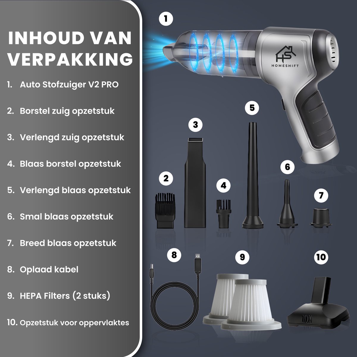 HomeShift® Draadloze Auto Stofzuiger V2 PRO Metallic - afbeelding 2