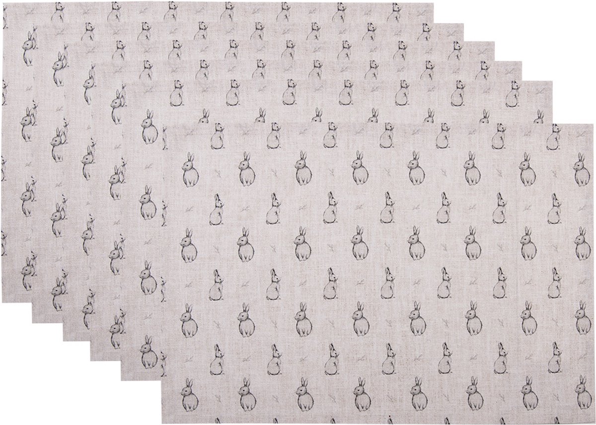 Clayre & Eef Placemats Set van 6 48x33 cm Beige Grijs Katoen Konijn