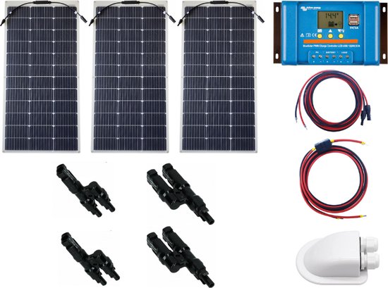 Set Flexibel Zonnepaneel 330Wp 12V Caravan, Camper, Boot, Tent of Tuinhuisje - Victron Energy BlueSolar PWM 30A LCD&USB laadregelaar - Zonnepaneel Compleet Pakket - Dakdoorvoer - P