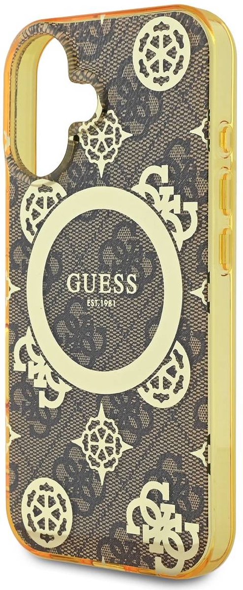 GUESS, Backcover Geschikt voor Apple iPhone 16 met pioenmotief 4G MagSafe, Bruin