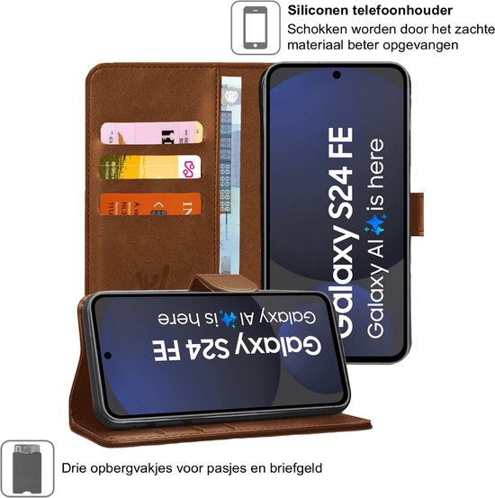 Coque Samsung Galaxy S24 FE - Protection d'écran de confidentialité en Glas à couverture complète - Étui portefeuille à rabat marron