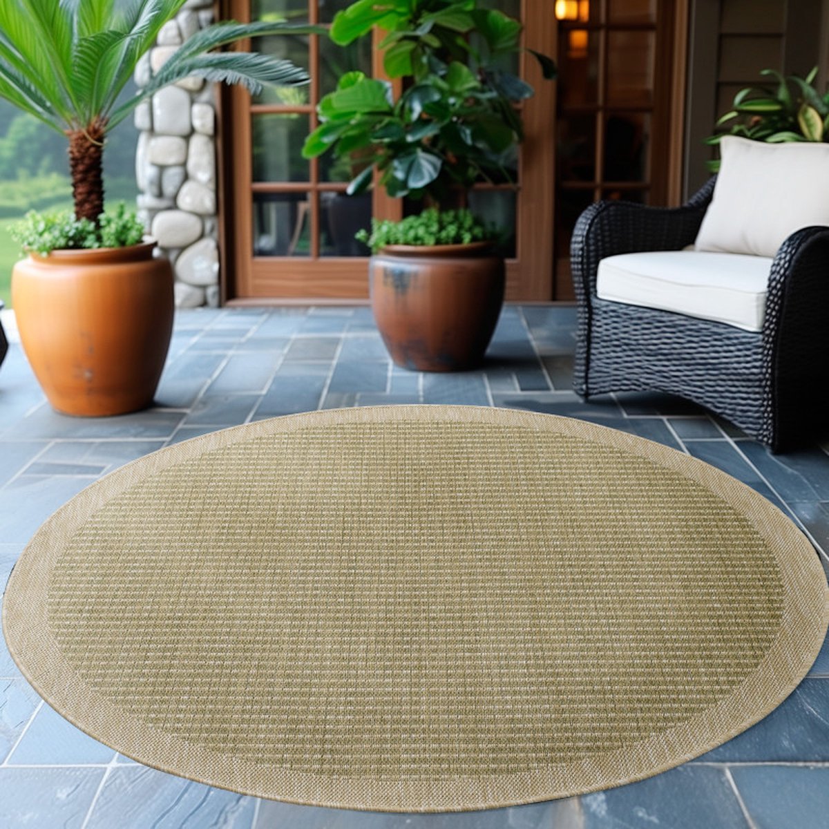 flycarpets Riza Rond Binnen & Buitenkleed Groen - Laagpolig Tuintapijt - Kader Motief - 120 cm