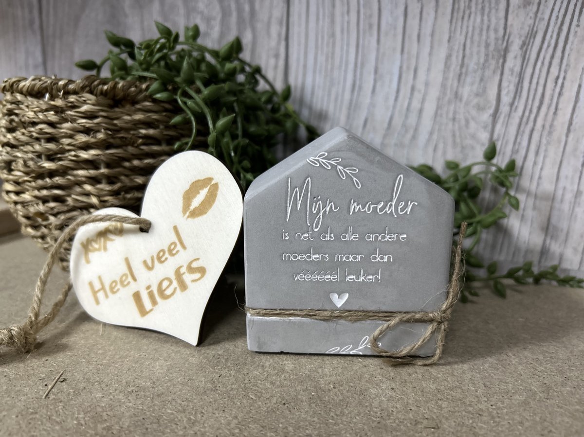 Creaties van Hier – Cement house Moeder met houten hartje - 8 cm – Cement