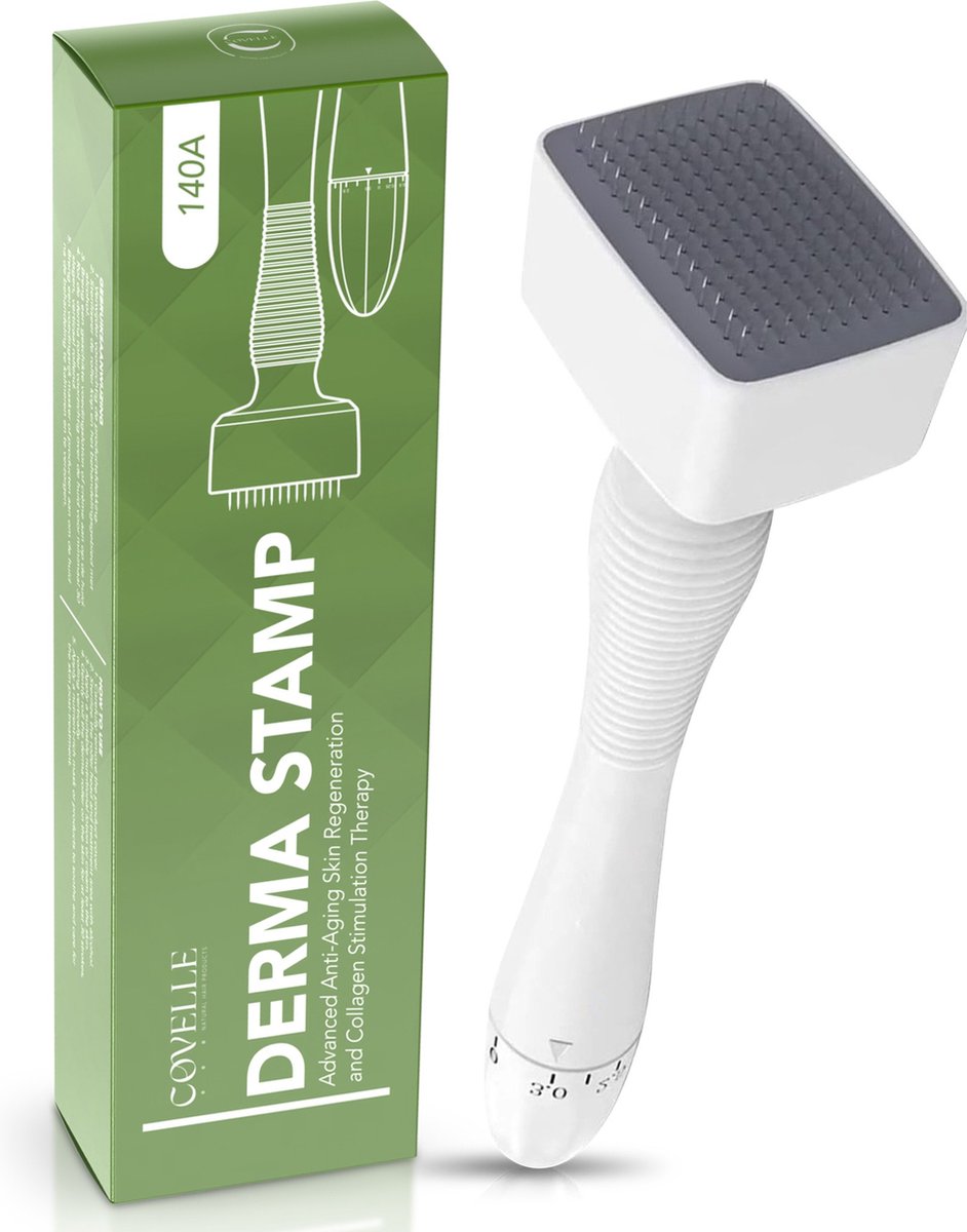 Covelle - Derma stamp - Derma Roller - Microneedle - Baardgroei - Huid - Acne - Haargroei - 140 naalden - Verstelbaar van 0,3MM tot 3MM - Geschikt voor huid en haar - microneedling
