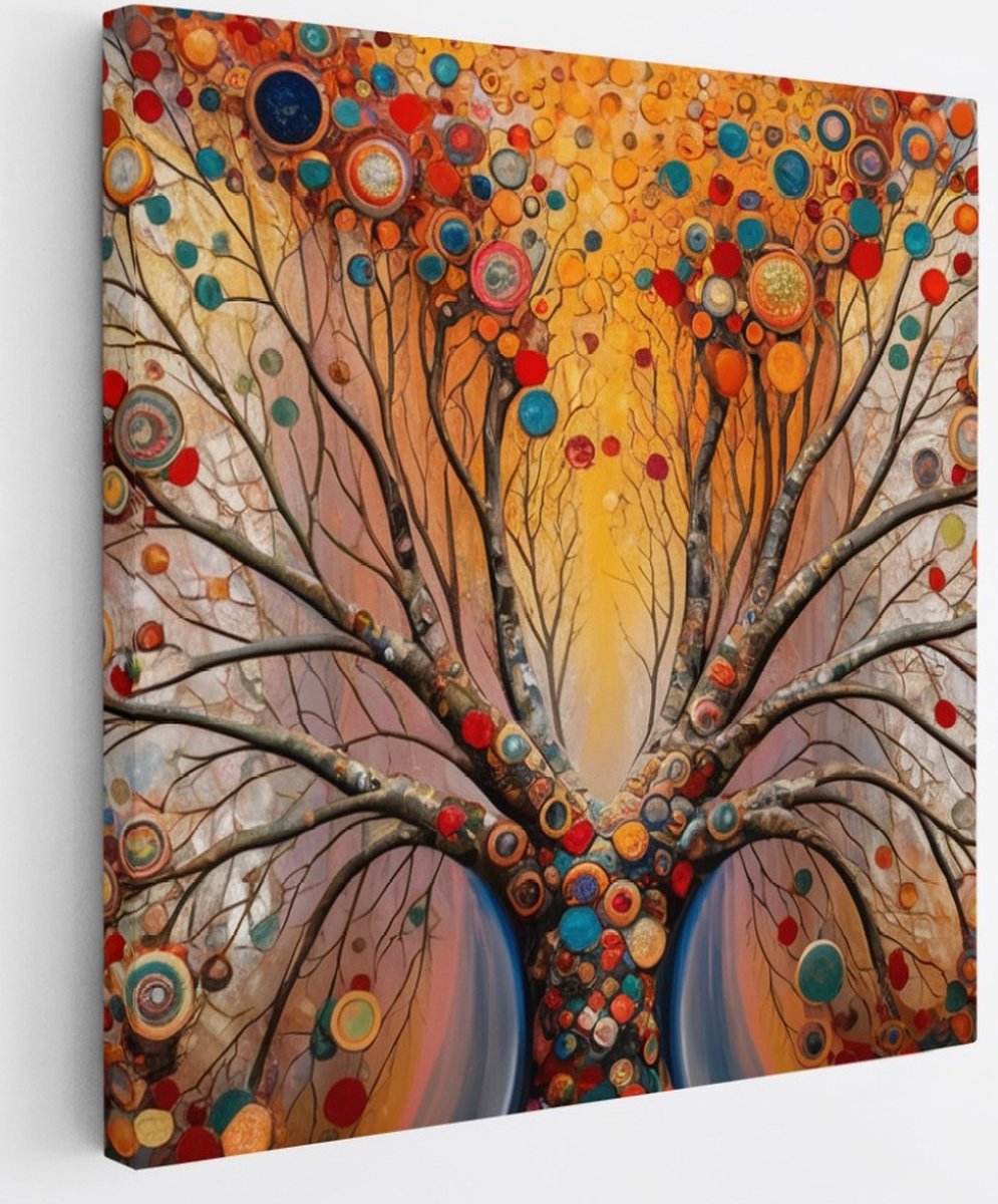 Saammp Canvas Schilderij - boom met gekleurde rondjes - Abstract - 20x20 - Foto op canvas - Wanddecoratie - Muurdecoratie Woonkamer - Slaapkamer decoratie - Canvas Print Multicolor