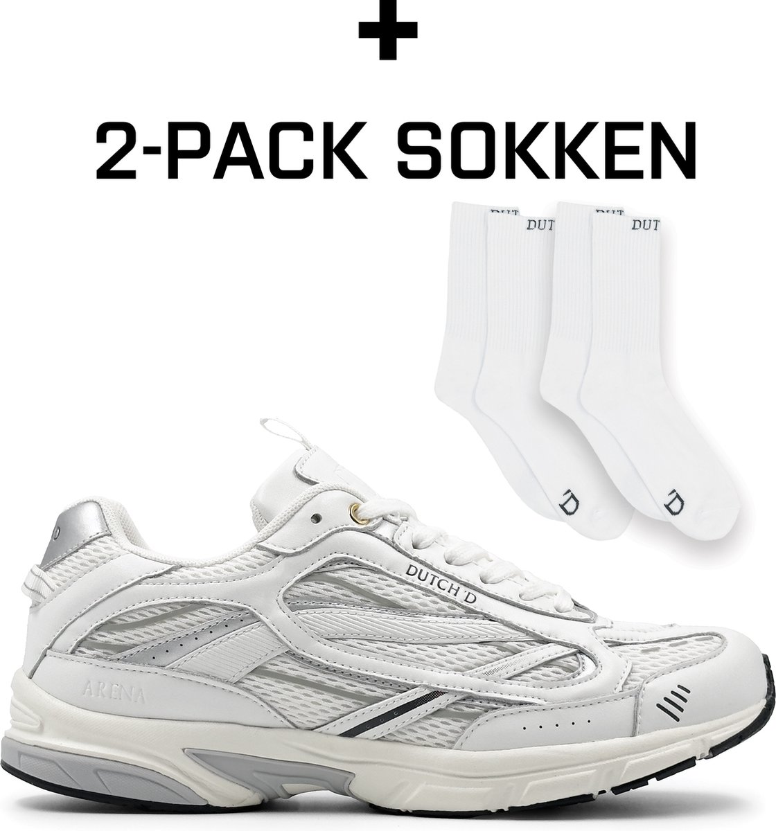 Dutch'D - Sneaker + 2 Pack Sokken - White Silver - Arena - Maat 37