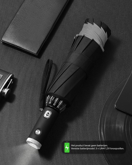 Parapluie LED pliable - Zwart - Pour utilisation nocturne - Parapluie coupe-vent avec Siècle des Lumières - 2 personnes - Résistant aux tempêtes jusqu'à 140 km/h - Extensible automatiquement - Ø 105 cm - Design inversé