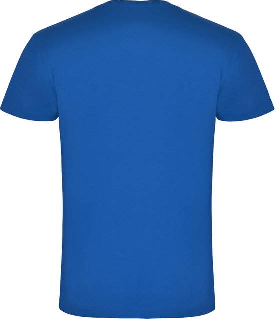 Dos d'un t-shirt bleu cobalt à col en V et manches courtes.
