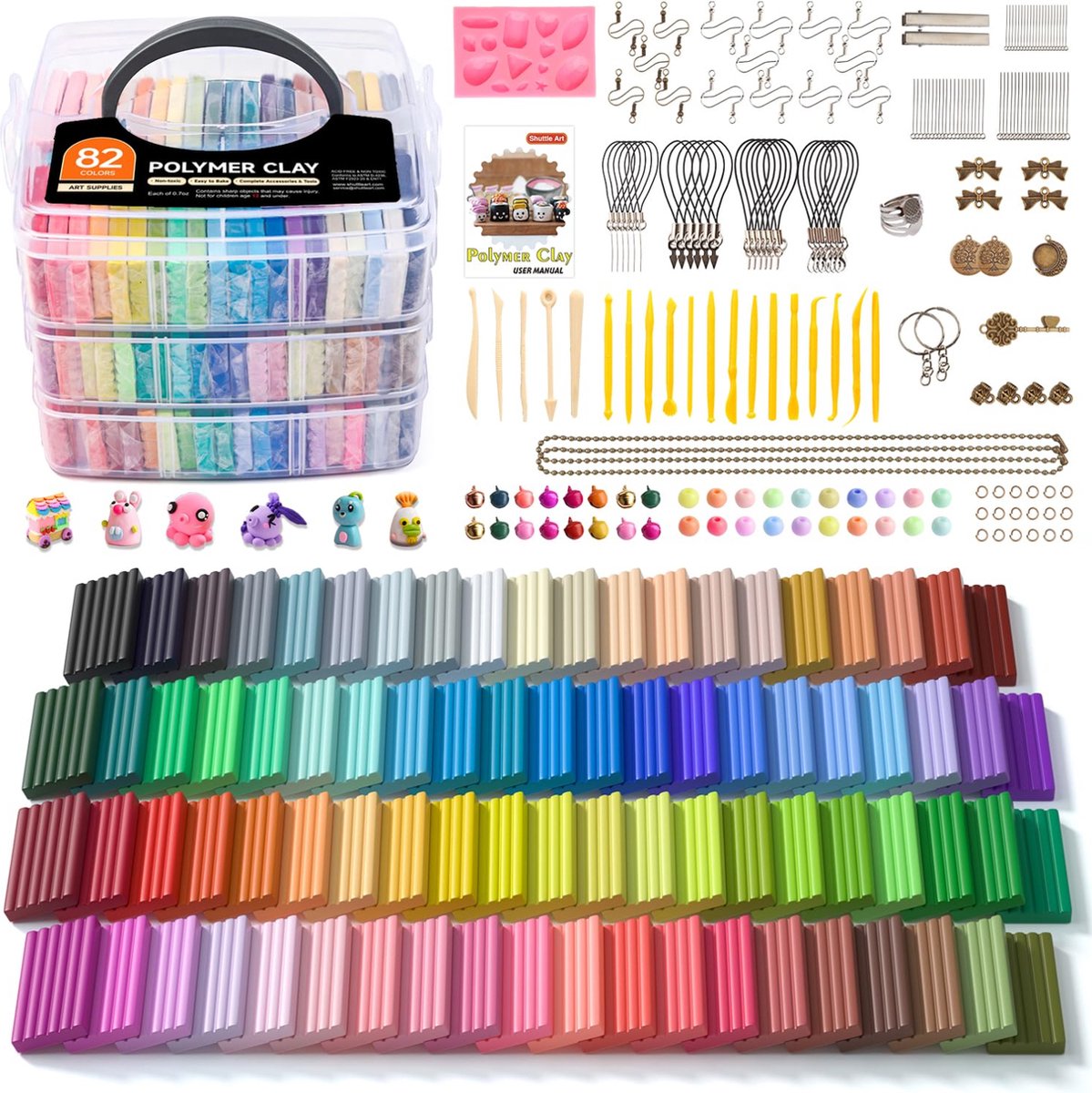 Klei Set - Polymeer Klei & Boetseerklei - DIY Kleiset Met 82 Kleuren & Klei Vormpjes - Speelklei & Makkelijk Uitwasbaar - Accessoires Voor Creatief Boetseren