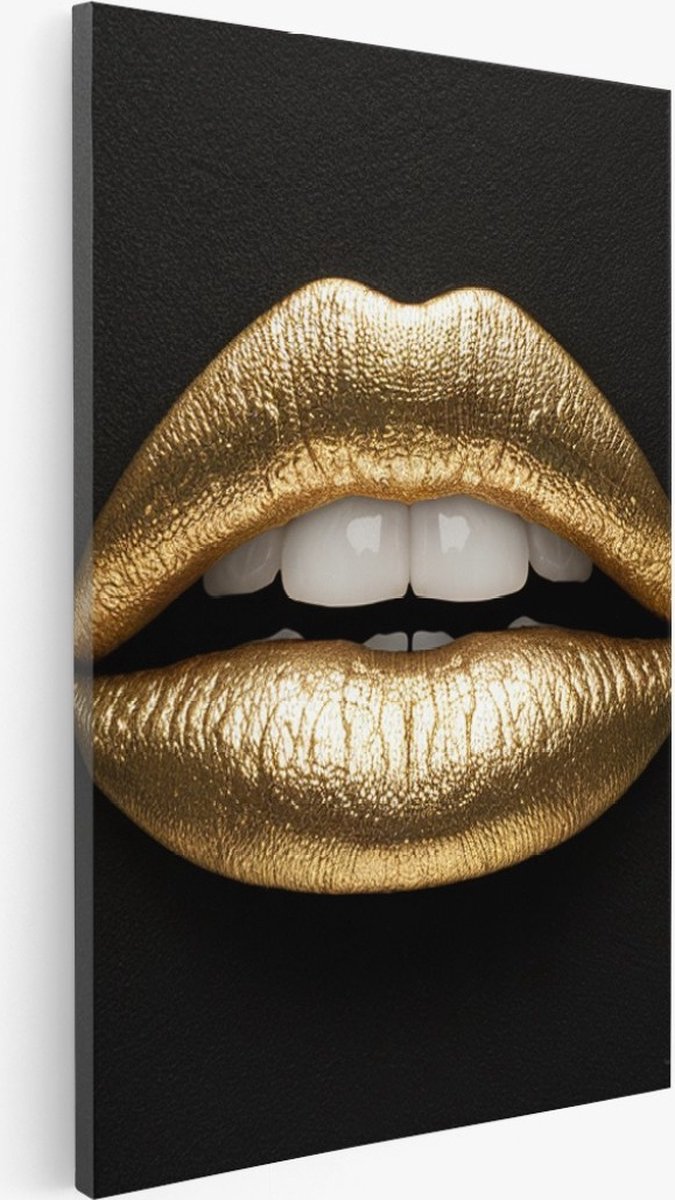 Saammp Canvas Schilderij - Abstract - Goude Lippen - 50x70 - Foto op canvas - Wanddecoratie - Muurdecoratie Woonkamer - Slaapkamer decoratie - Canvas Print Multicolor