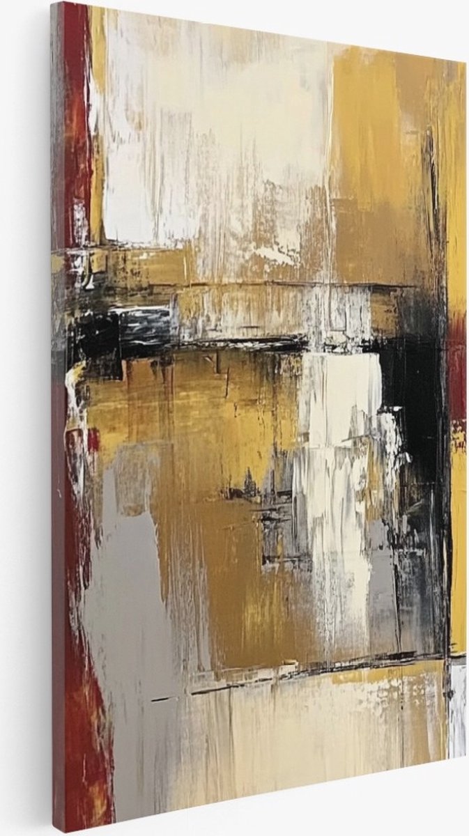 Saammp Canvas Schilderij - Grijs - Rood - kwastvegen - Abstracte wanddecoratie- 50x70 - Foto op canvas - Wanddecoratie - Muurdecoratie Woonkamer - Kantoor Decoratie Multicolor