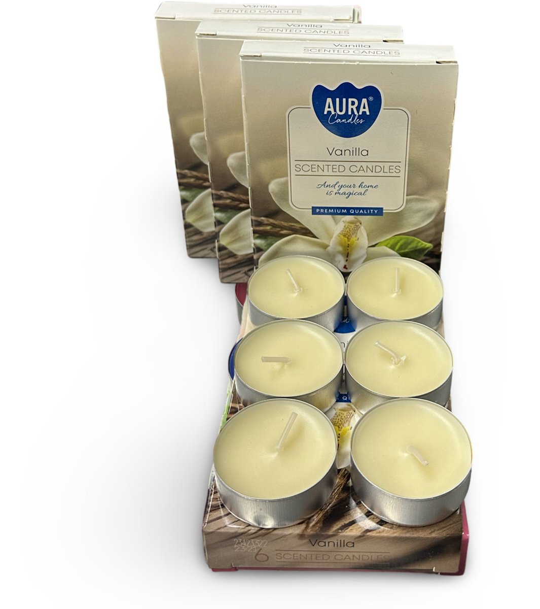 Ancient Wisdom Aura Candle Vanille - 24 Geurtheelichtjes/waxinelichtjes - Op basis van etherische olie - 4 x 6 stuks - 4 branduren - geurkaarsen