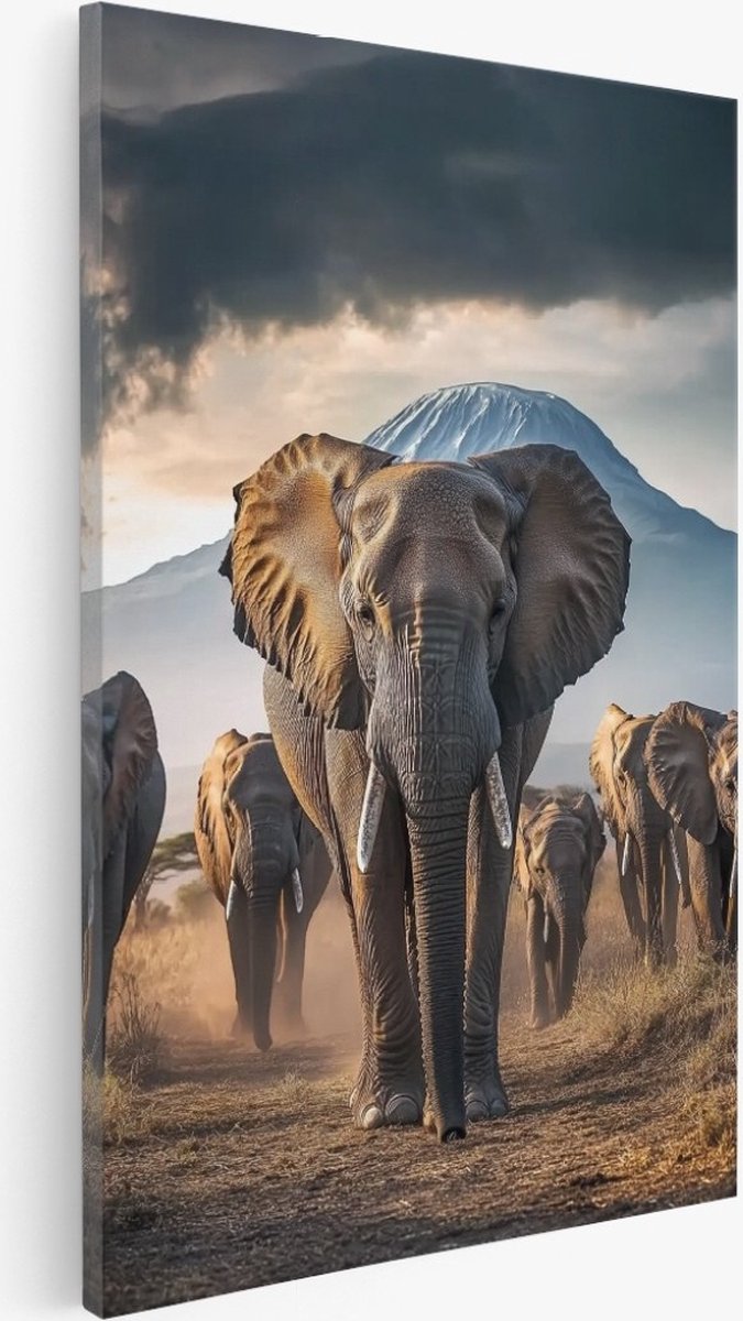 Saammp Canvas Schilderij - Kudde Olifanten bij de kilimanjaro - Natuur - Dieren - 75x100 - Foto op canvas - Wanddecoratie - Muurdecoratie Woonkamer - Slaapkamer decoratie - Canvas Print Multicolor