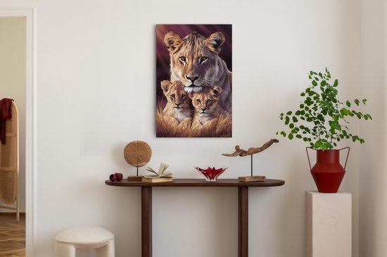Tableau sur toile Saammp - Lion avec 2 petits - Abstrait - Animaux - 60x90 - Photo sur toile - Décoration murale - Décoration murale Salon - Décoration chambre - Impression sur toile