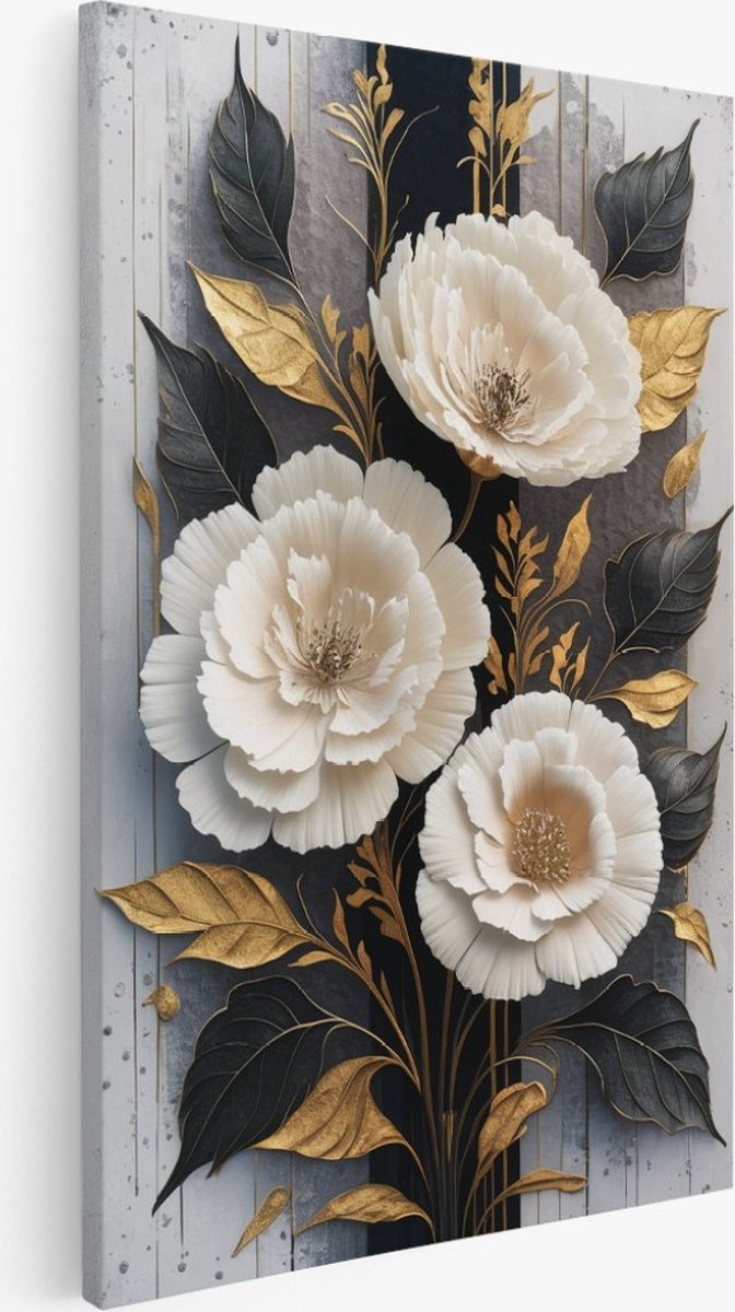 Saammp Canvas Schilderij - Witte Bloemen met goud - Abstract - 75x100 - Foto op canvas - Wanddecoratie - Muurdecoratie Woonkamer - Kantoor Decoratie Multicolor