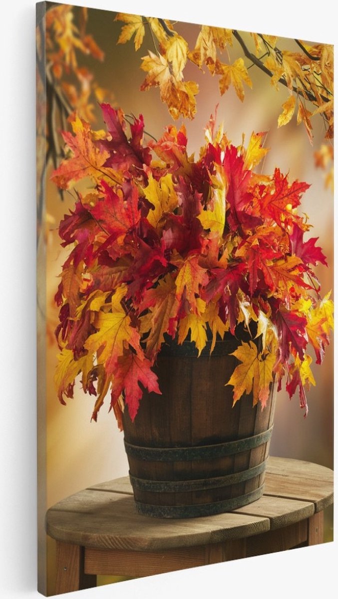 Saammp Canvas Schilderij - Herfst bladeren in emmer - Bloemen - 30x45 - Foto op canvas - Wanddecoratie - Muurdecoratie Woonkamer - Kantoor Decoratie Multicolor