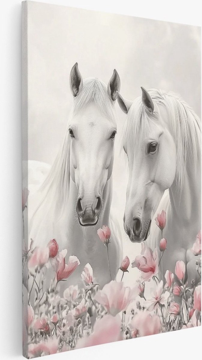 Saammp Canvas Schilderij - 2 witte paarden - Dieren - Abstract - 30x45 - Foto op canvas - Wanddecoratie - Muurdecoratie Woonkamer - Slaapkamer decoratie - Canvas Print Multicolor