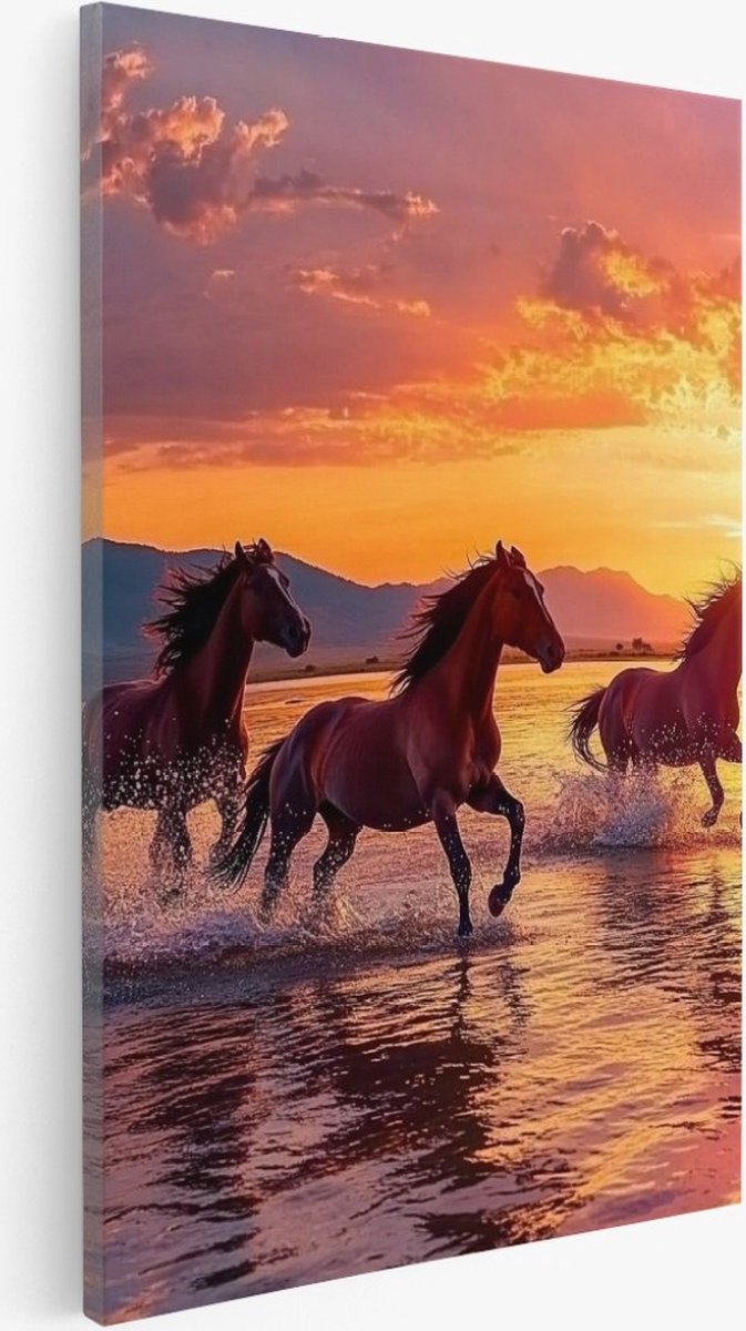 Saammp Canvas Schilderij - Paarden in het water met zonsondergang - Natuur - Dieren - 30x45 - Foto op canvas - Wanddecoratie - Muurdecoratie Woonkamer - Slaapkamer decoratie - Canvas Print Multicolor