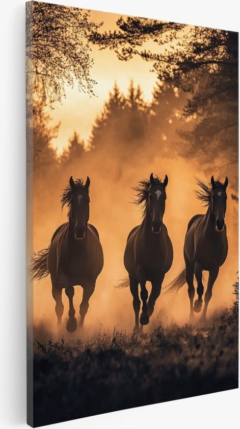 Saammp - Canvas Schilderij - 3 paarden in galop - Zonsondergang - Dieren - 40x60 - Foto op canvas - Wanddecoratie - Muurdecoratie Woonkamer - Slaapkamer decoratie - Canvas Print