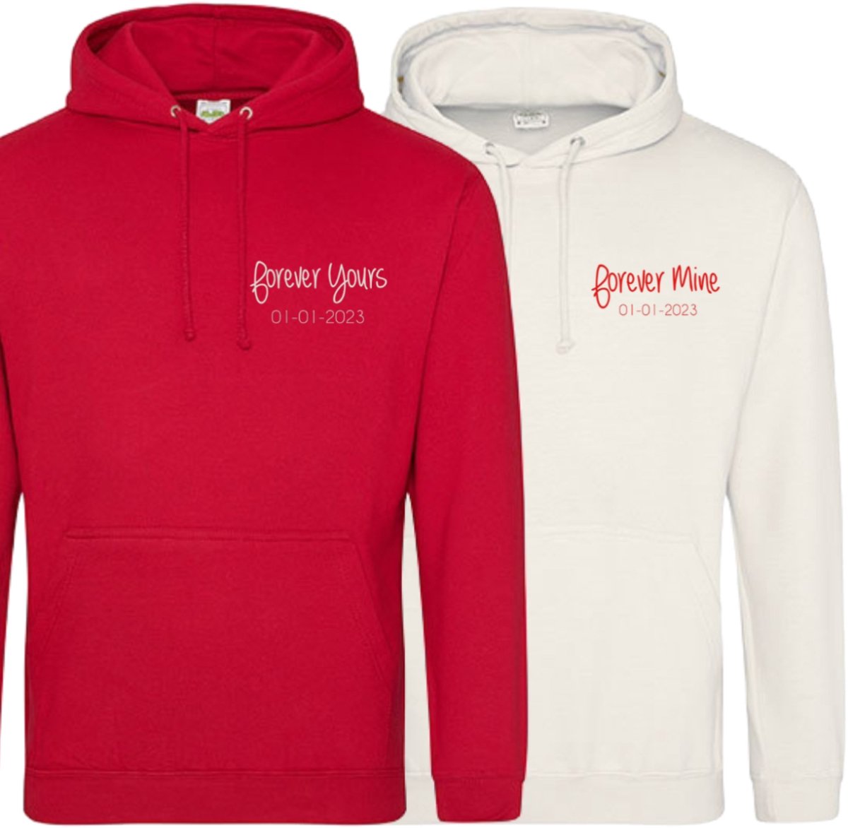 Hoodie set koppel - Valentijns cadeau voor hem en haar - Forever yours Forever mine - Gepersonaliseerd met liefdes datum - Rood - Wit - Maat XXL