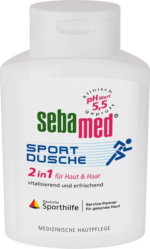 Sebamed Sportdouche 2in1 voor huid en haar. Witte fles met blauwe en rode tekst, en een hardloper-icoon.