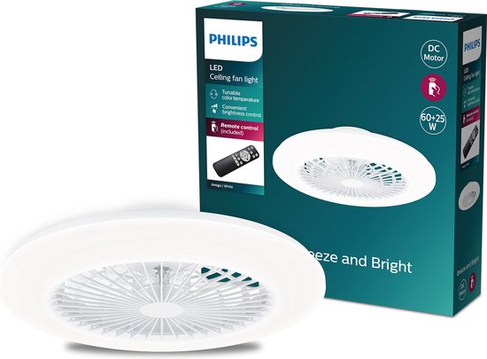 Philips Amigo Ventilator - Energiezuinige LED verlichting - Plafondlamp - Instelbare kleurtemperatuur - 57,5 cm diameter -Afstandsbediening - Wit