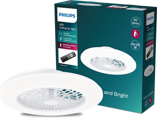 Philips Amigo Ventilator - Energiezuinige LED verlichting - Plafondlamp - Instelbare kleurtemperatuur - 48,5 cm diameter -Afstandsbediening - Wit
