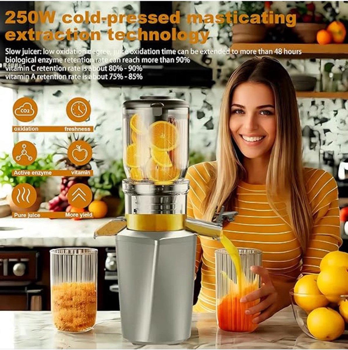 Koude Pers Sapcentrifuges, Fretta Slow-masticating Sapcentrifuge Met 108 Mm En 10 L Trechter Voor Hele Vruchten En Groenten 200 W Sapcentrifuge Met Hoge Opbrengst Bpa Vrije Tritan Zwart