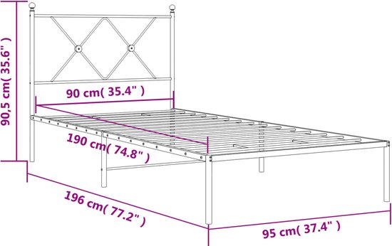 Bedframe met hoofdbord metaal wit 90x190 cm