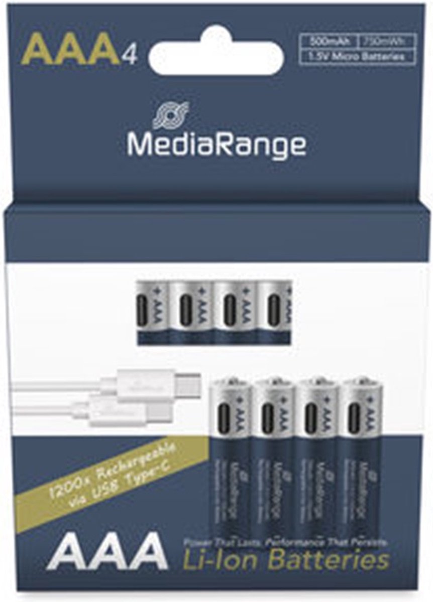 MediaRange oplaadbare USB-C Li-Ion-batterijen, Micro AAA I 1.5VI 500mAh, 4-pack
