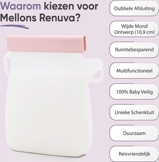 Mellons Renuva - Herbruikbare Moedermelk bewaarzakjes - 7 Stuks borstvoeding zakjes inclusief opberg bakje - Dubbele Zipsluiting en schenktuit - BPA-vrij van Mellons — afbeelding 2