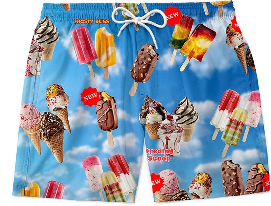 Luchtblauwe zwembroek met all-over print van diverse ijsjes, ijshoorntjes en 'NEW'-labels.