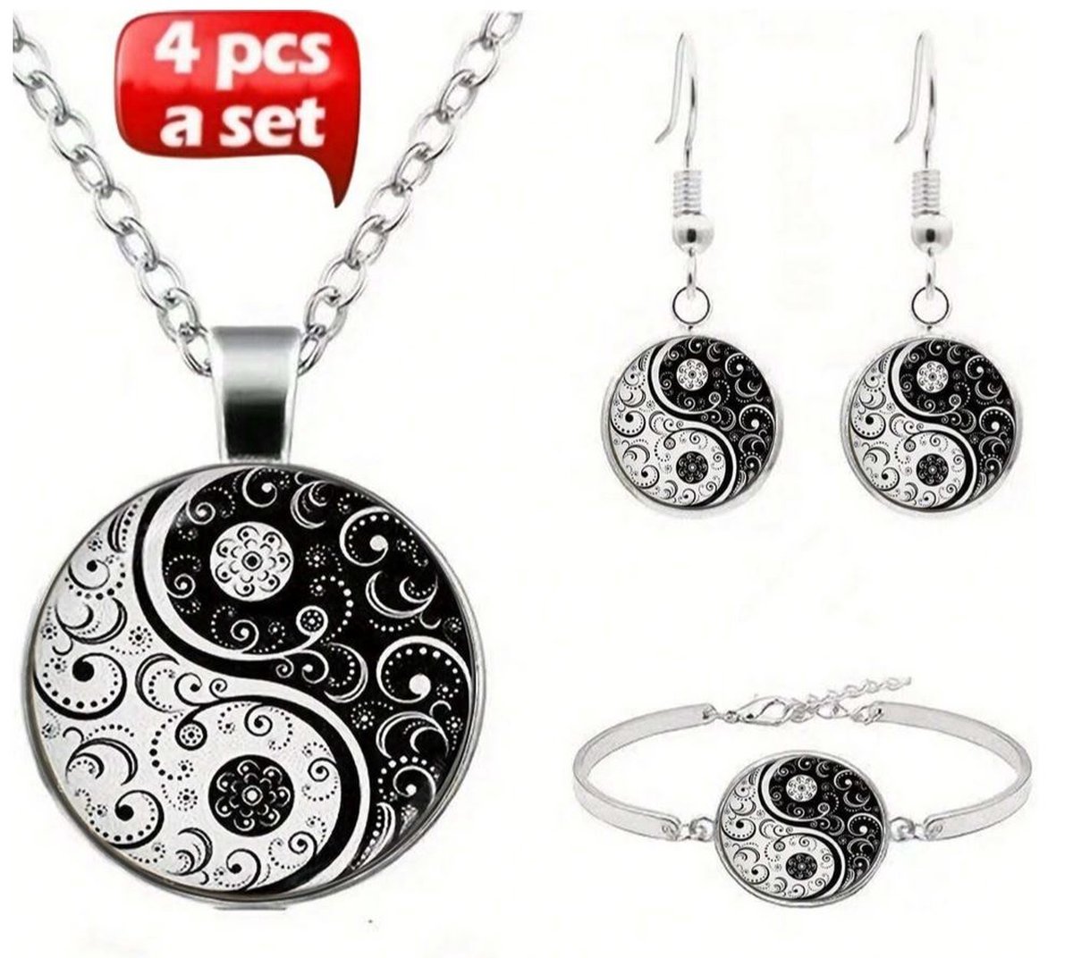 Ketting + oorbellen + armband Ying Yang