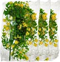 Drie takken van kunstplanten met groene bladeren en gele bloemen, verpakt in plastic.