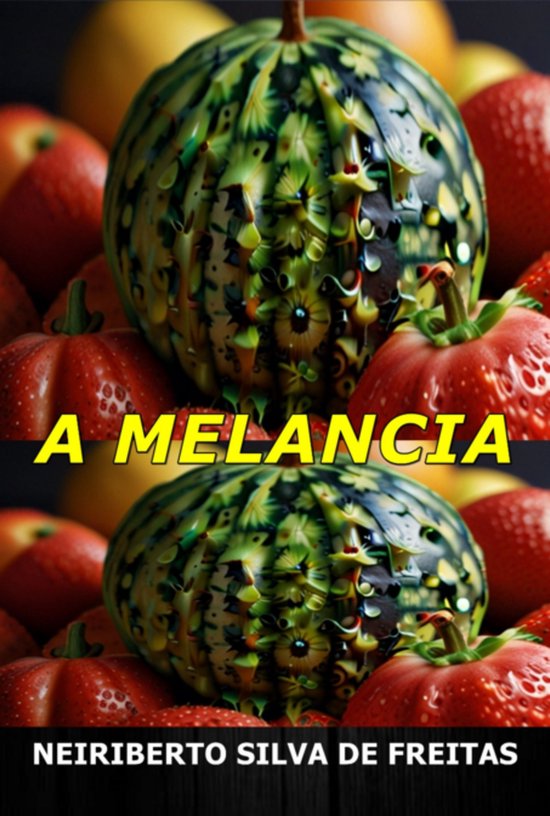 Achterkant van een boek met de titel 'A MELANCIA', met een kunstzinnige voorstelling van een watermeloen omringd door aardbeien en sinaasappels.