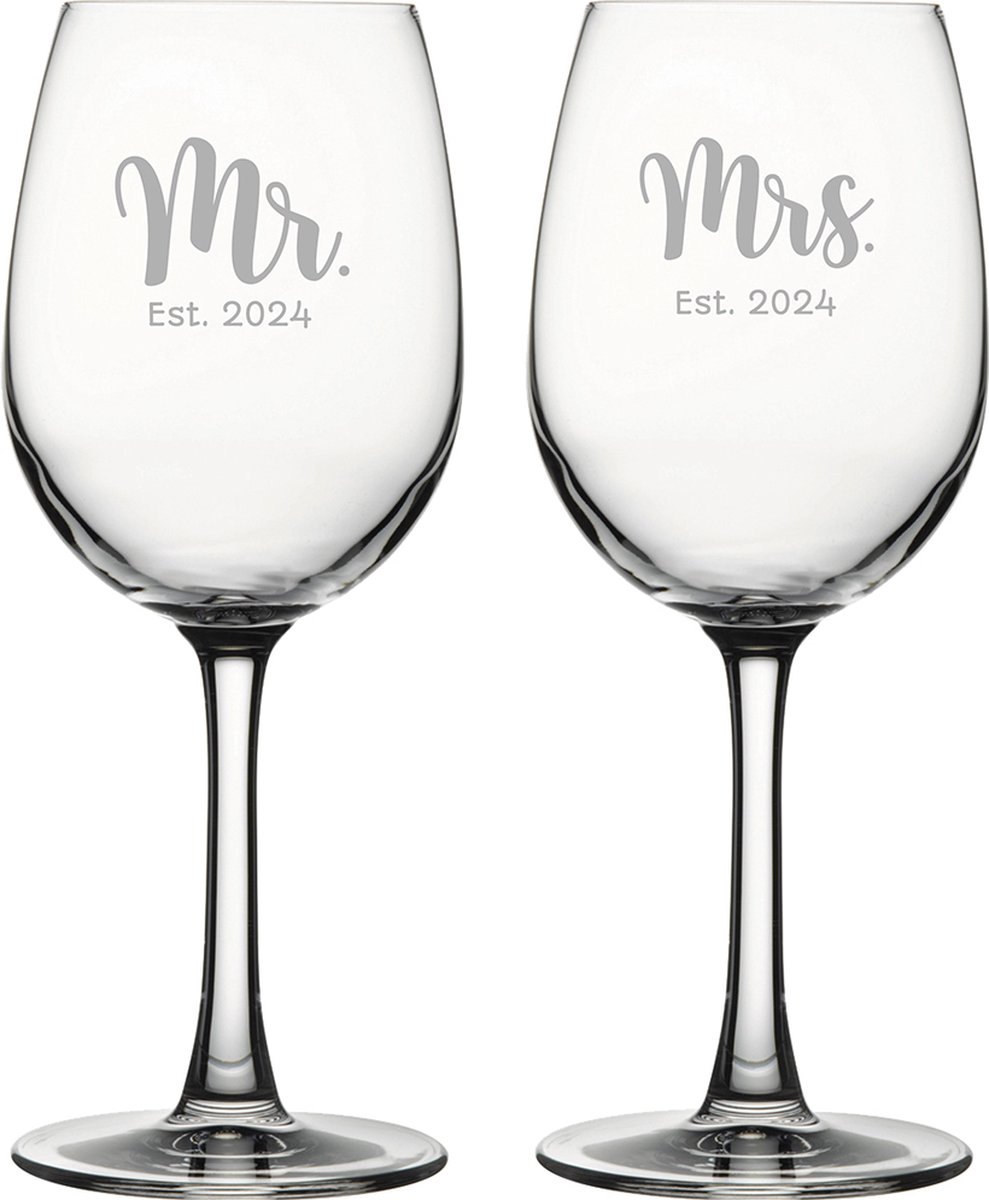 Gegraveerde set witte wijnglazen 36cl Mr. Est. 2024 - Mrs. Est. 2024
