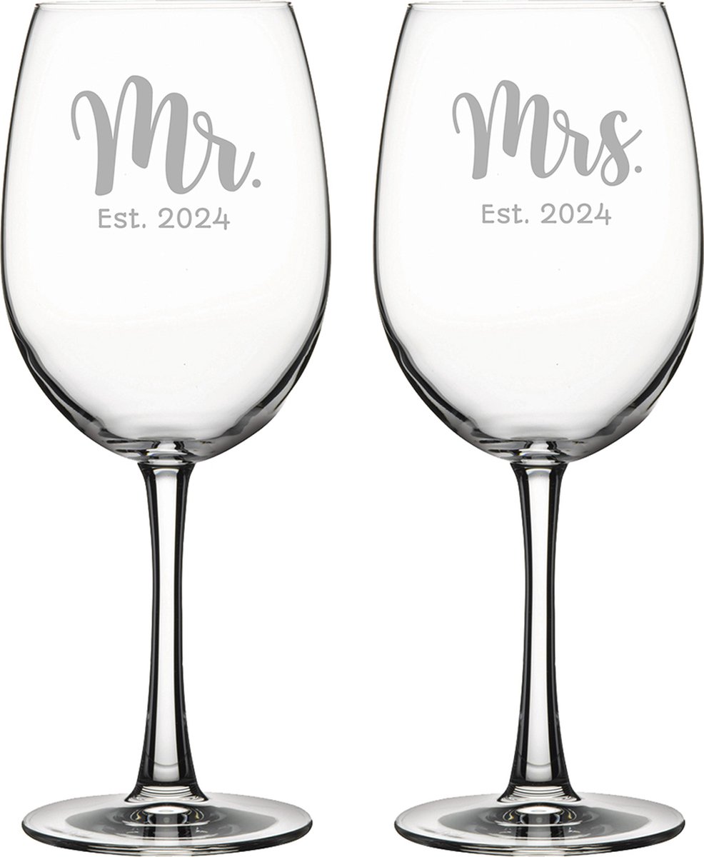 Gegraveerde set rode wijnglazen 46cl Mr. Est. 2024 - Mrs. Est. 2024
