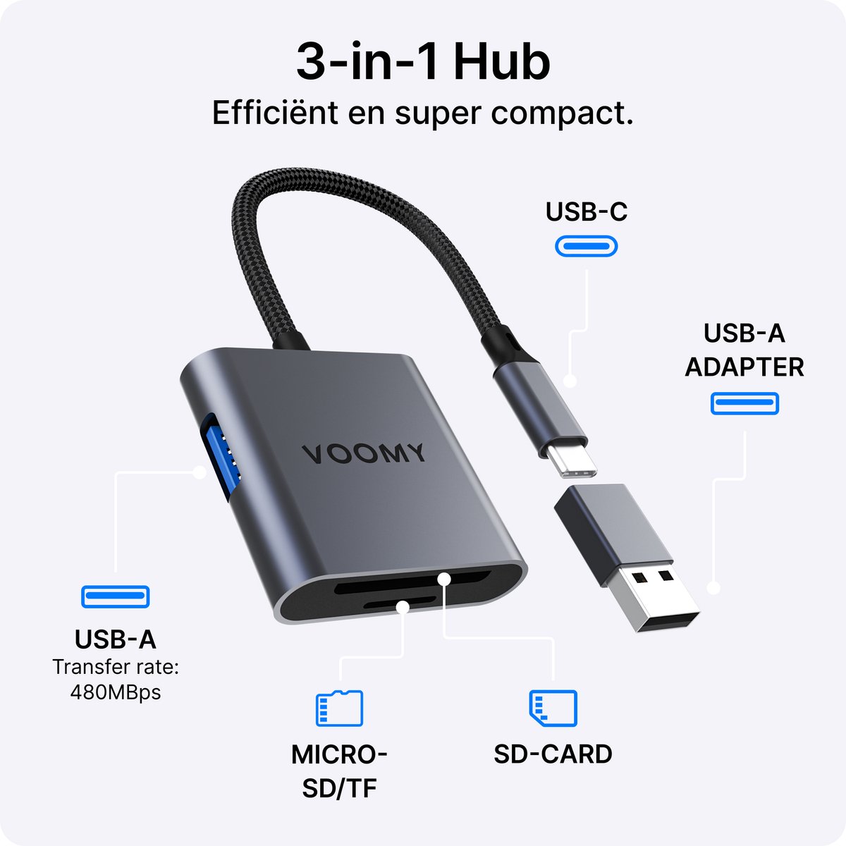 Voomy 3-in-1 USB-C kaartlezer SD microSD TF card reader USB-A poort aluminium space gray voor MacBook Windows Android - Afbeelding 2