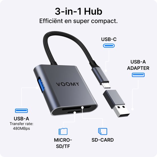 Hub Voomy 3-en-1 avec connexion USB-C, adaptateur USB-A et ports pour carte Micro SD et SD. Vitesse de transfert 480 Mbps.