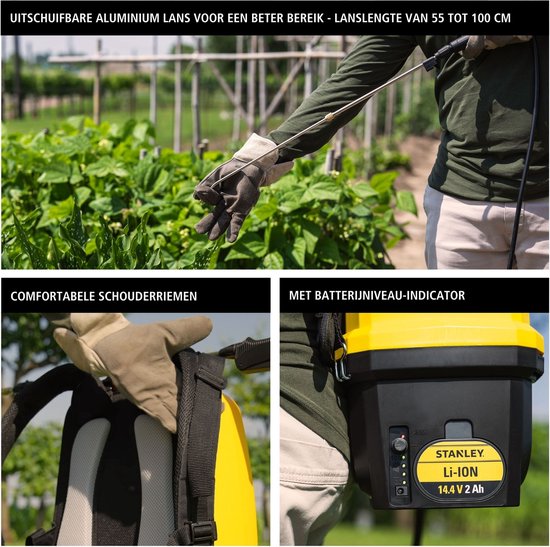 Stanley Druksproeier 16 L rug, rugsproeier tuin, drukspuit, elektrisch, heroplaadbare batterij lithium, telescopische lans, regelbare sproeikop, autonomie 2 h, max. 5 bar, 0.60 l/minuut, geel/zwart van Merkloos	 — afbeelding 4