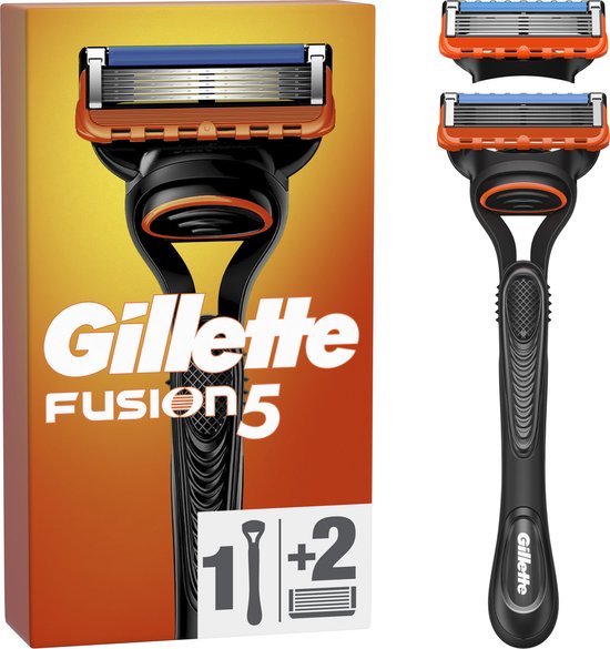 Gillette Fusion5 scheerapparaat met extra scheermesjes, op oranje en gele achtergrond.