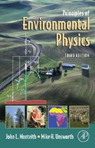 Boek "Principles of Environmental Physics", derde editie, met een landschap op de achtergrond en vier afbeeldingen.