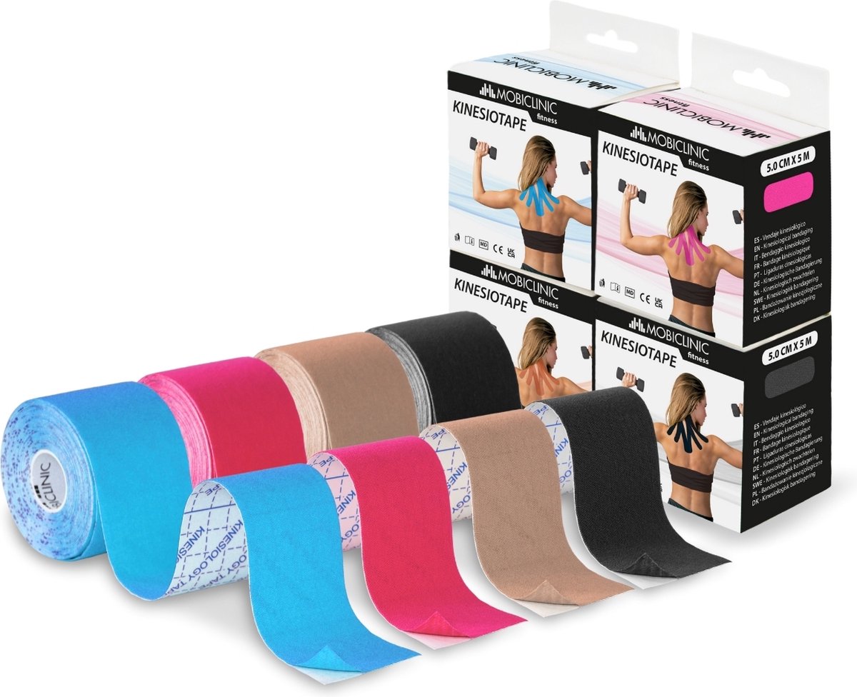 Mobiclinic Mobitape - Pak van 4 Kinesiotape - Neuromusculair Kleefverband - Spierpijnbestrijding - Elastisch - Waterdicht - Kinesiologie Bandage - Geschikt voor Meerdere Zones - Rol - 5x5cm - Blauw, Zwart, Roze en Bruin