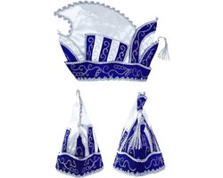 KIMU® Prins Carnaval Steek Muts Blauw - Prinsenmuts Raad Van Elf Zilver Wit Prinsensteek Halloween