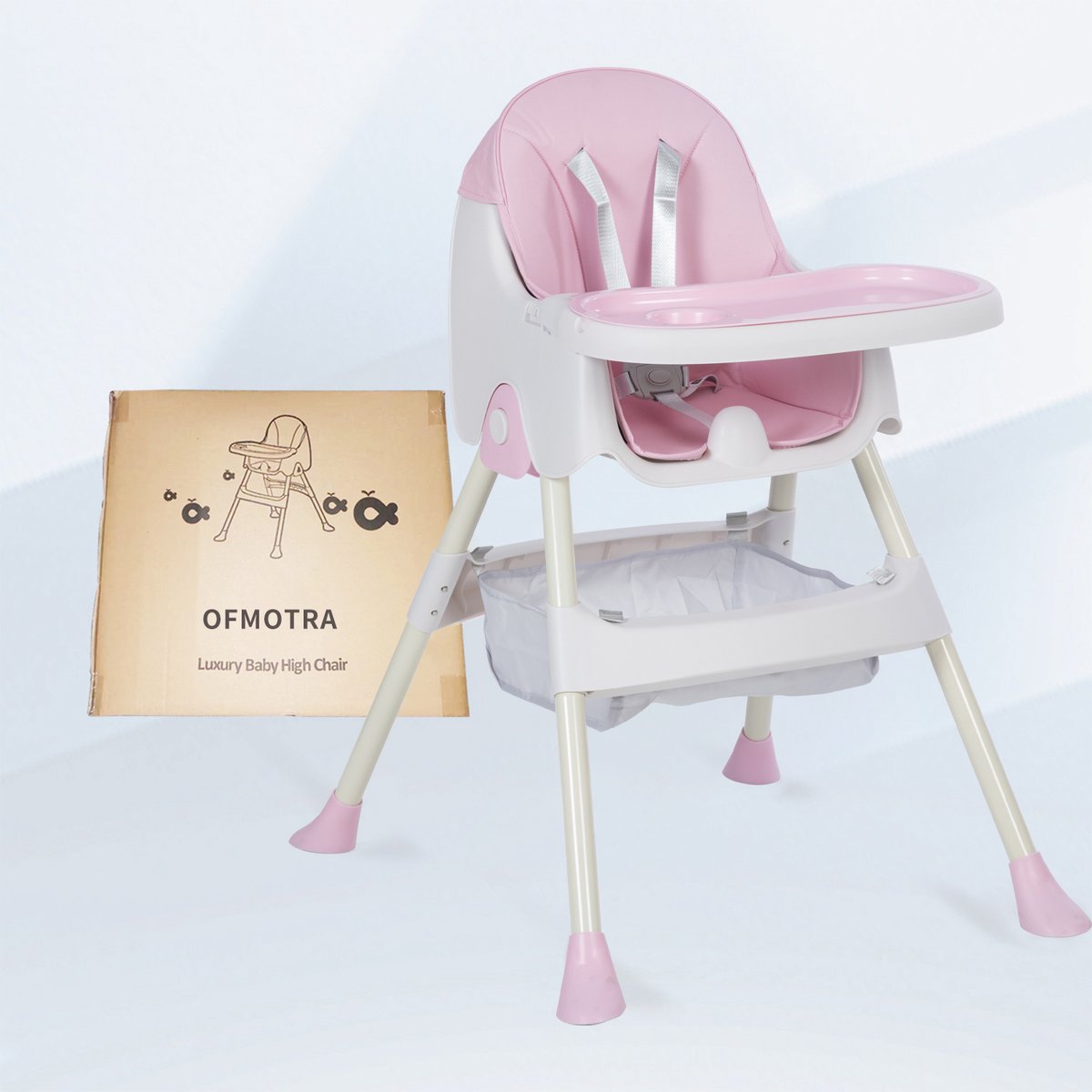 OFMOTRA Kinderstoel 3 in 1 - Inklapbare Eetstoel - Kinderzetel - met opbergmand - Verstelbaar Baby Stoel - Peuterstoel - 5-punts Gordel - Uitneembaar lederen kussen - Meegroei Stoel - Roze – foto 8