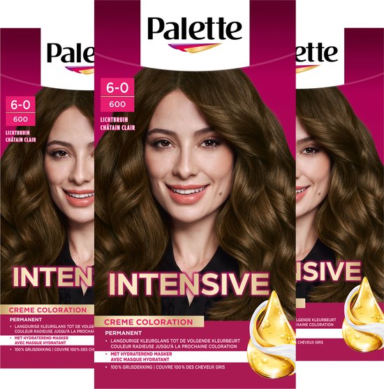 Drie verpakkingen Palette Intensive haarverf met lichtbruine kleur 6-0 600, met model.