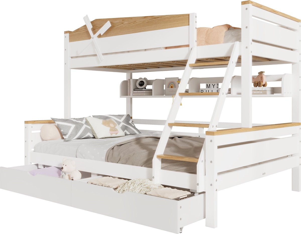 Merax Stapelbed met Windmolen en Opbergruimte – Kinderbed met Kleuraccenten - Schuin Laddertje en Schubladen – Hout en MDF – Wit en Naturel – 90x200 cm & 140x200 cm